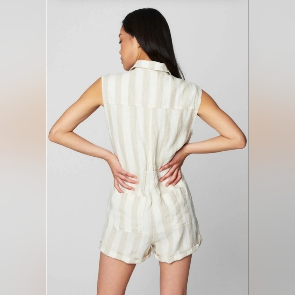 BLANK NYC,Changing Lanes Striped Linen Romper, Light Tan/Cream, Size Large -NWT - Picture 2 of 13